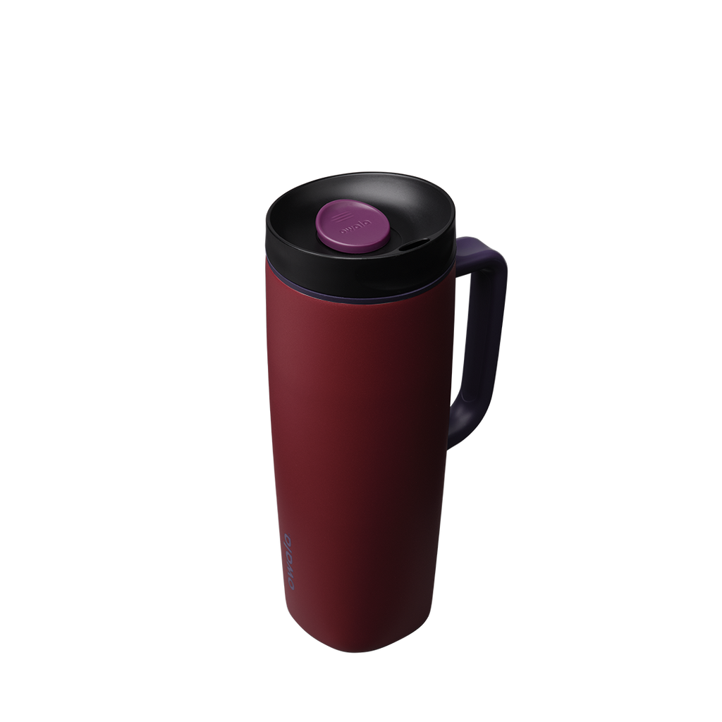 Owala SmoothSip Slider with Handle 24oz in Burgundy Bay, deep crimson insulated stainless steel body with black lid, purple slider button, and dark navy handle